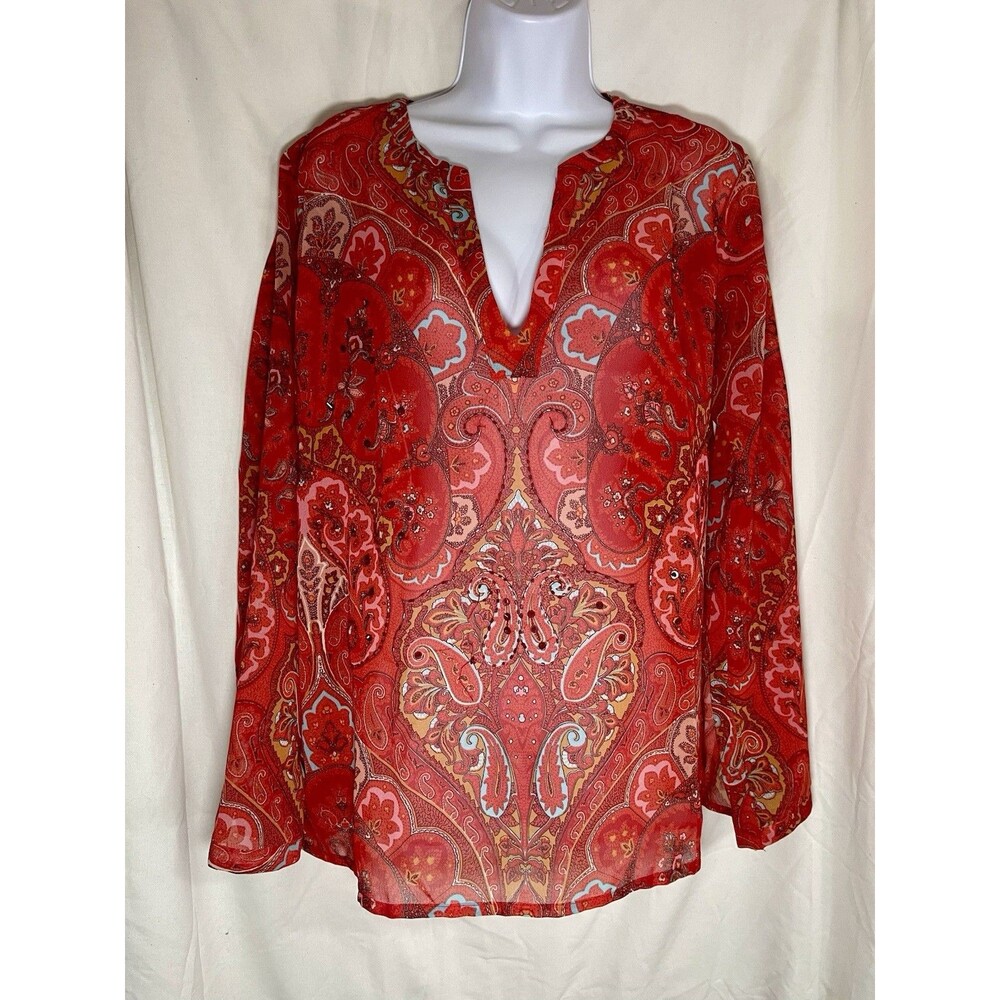Zero Zero Women’s Beaded Paisley Tunic Top - Size Large - Red/Multicolor